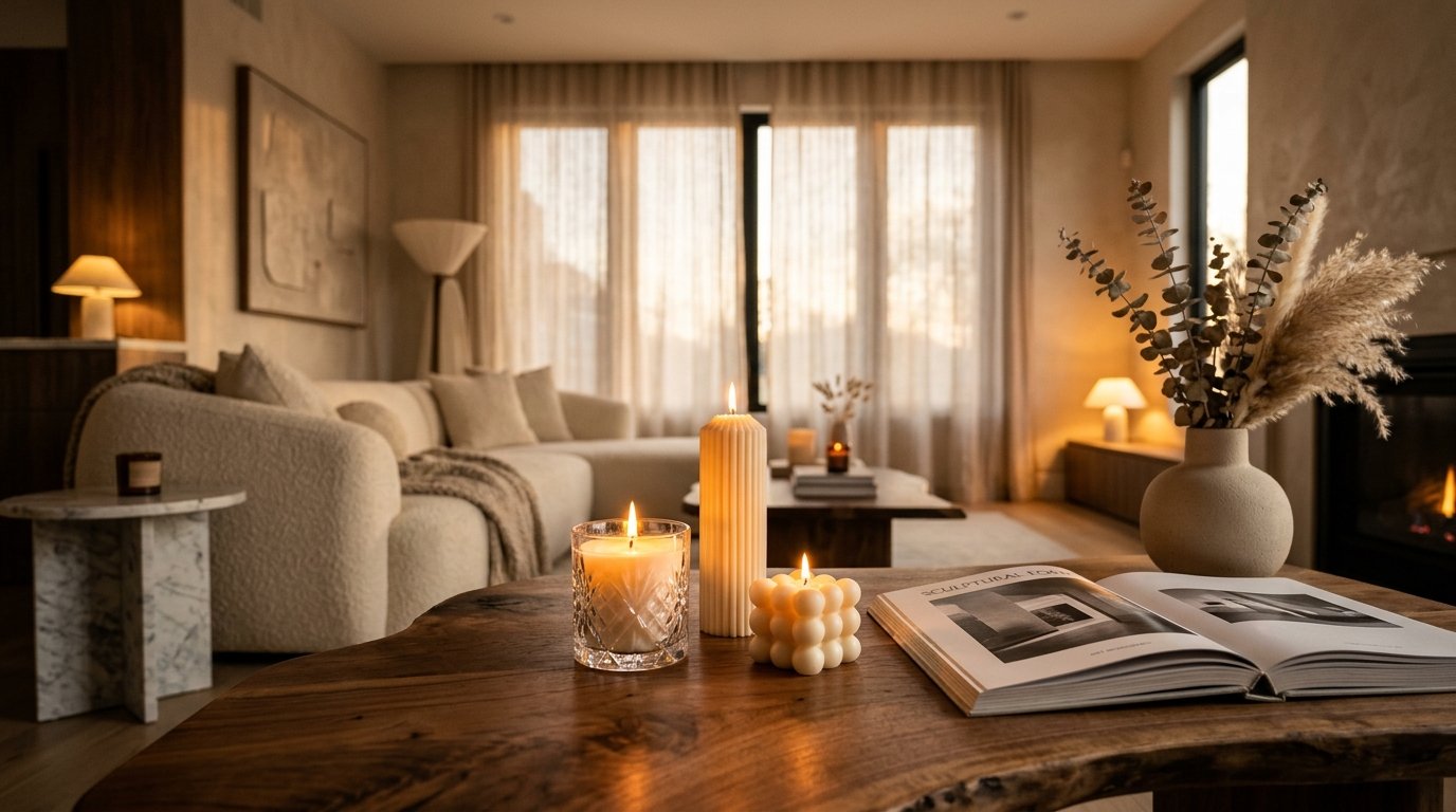 Atmospheric candle-lit living room